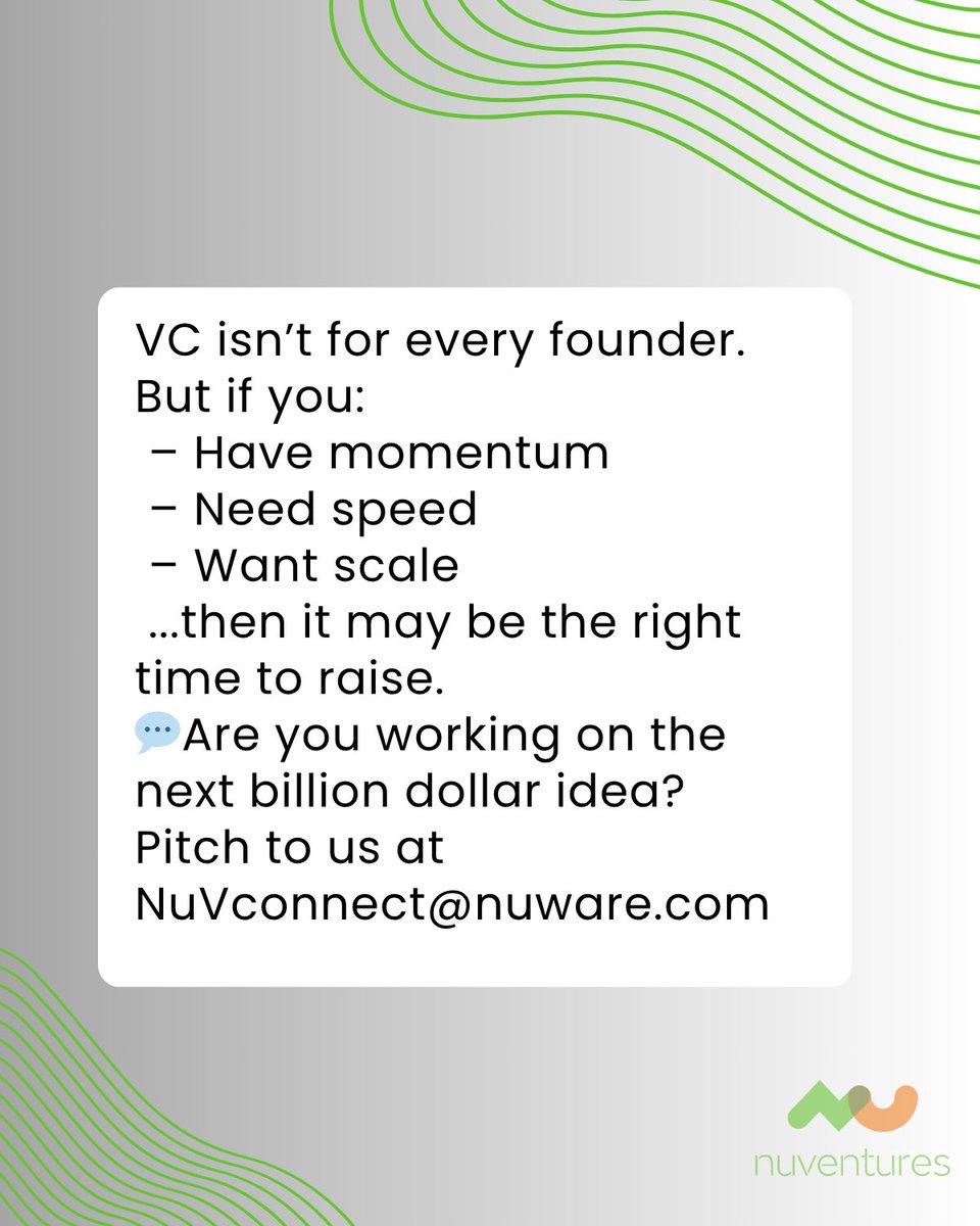 NuVentures (@nuventures_in) on Twitter photo 6/ TL;DR: Don’t raise VC unless…
– You’ve got signal, not just noise
– You’re solving a now problem, not a nice-to-have
– You know where the next 10x comes from
If this feels familiar -
📩 Pitch to us at NuVconnect@nuware.com
Let’s talk. 6/ TL;DR: Don’t raise VC unless…
– You’ve got signal, not just noise
– You’re solving a now problem, not a nice-to-have
– You know where the next 10x comes from
If this feels familiar -
📩 Pitch to us at NuVconnect@nuware.com
Let’s talk.