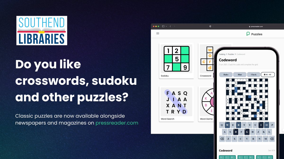 southendlibrary's tweet image. If you love puzzles, we've got you covered! 10 classic puzzles including #Codewords, #Crosswords and #Sudoku have been added to the PressReader platform.
Next time you're reading the dailies or your favourite magazine, why not check them out?
southend.spydus.co.uk