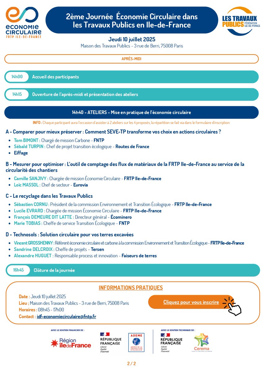 🚧 Les Travaux Publics franciliens accélèrent leur transition vers l’économie circulaire !
📅 RDV le 10/07 pour découvrir des solutions concrètes, des outils &amp; échanger entre acteurs du terrain.
🌍 Ensemble, transformons la filière !
👉 forms.gle/Hu3xsoaPPvZCtV…