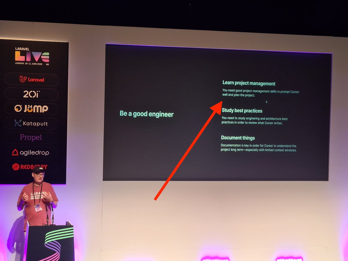 Povilas Korop | Laravel Courses Creator & Youtuber (@povilaskorop) on Twitter photo How devs should adapt to AI age?
I've heard one topic in two conversations at <a href="/LaravelLiveUK/">Laravel Live UK</a> and then repeated by <a href="/petersuhm/">Peter Suhm</a> on stage.
Learn *PROJECT MANAGEMENT*.
Learn business.
Learn to deliver value OUTSIDE the code.
It's not really new, just re-emphasized with AI. How devs should adapt to AI age?
I've heard one topic in two conversations at <a href="/LaravelLiveUK/">Laravel Live UK</a> and then repeated by <a href="/petersuhm/">Peter Suhm</a> on stage.
Learn *PROJECT MANAGEMENT*.
Learn business.
Learn to deliver value OUTSIDE the code.
It's not really new, just re-emphasized with AI.