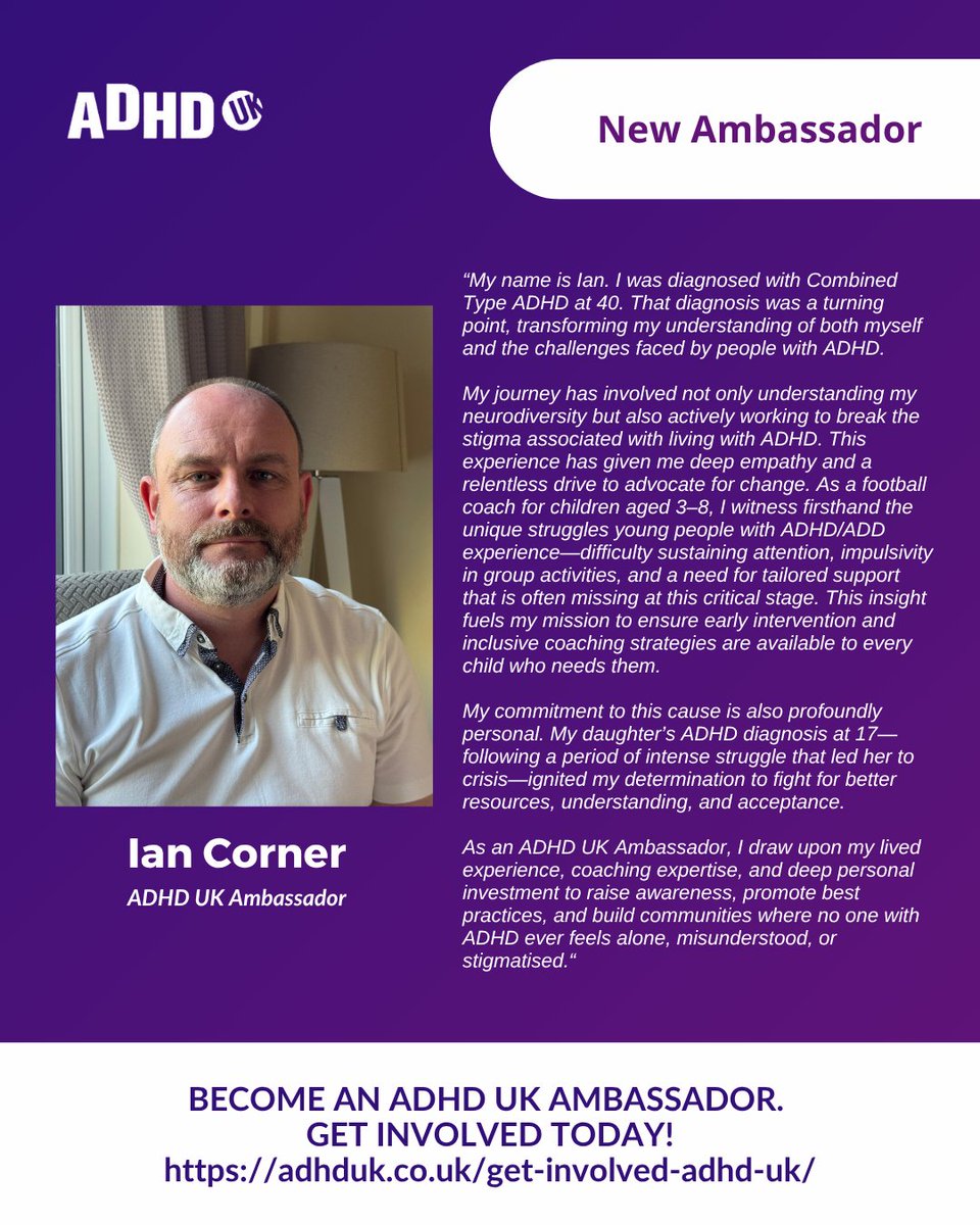 We’re proud to welcome Ian Corner to the ADHD UK Ambassador team — a passionate advocate, football coach, and father whose personal and professional journey with ADHD fuels everything he does.

With lived experience as both an individual and a parent navigating ADHD, Ian brings