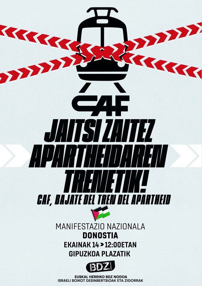 Israelgo entitate sionistarekin inolako konplizitaterik ez dugu onartzen. Tren hau ilegala izateaz gain, kolonizazioa eta apartheida bultzatu eta palestinarren lurrak eta etxeak lapurtzea ekartzen du. Horregatik larunbatean denok Donostiara! #HerriokBorroka