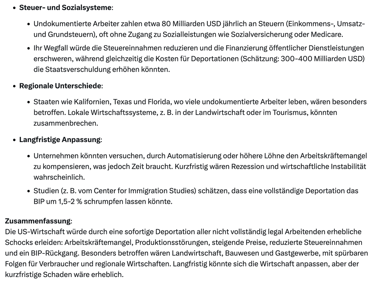 Groks Einschätzung der Folgen einer Deportation sämtlicher Illegalen aus den USA:
