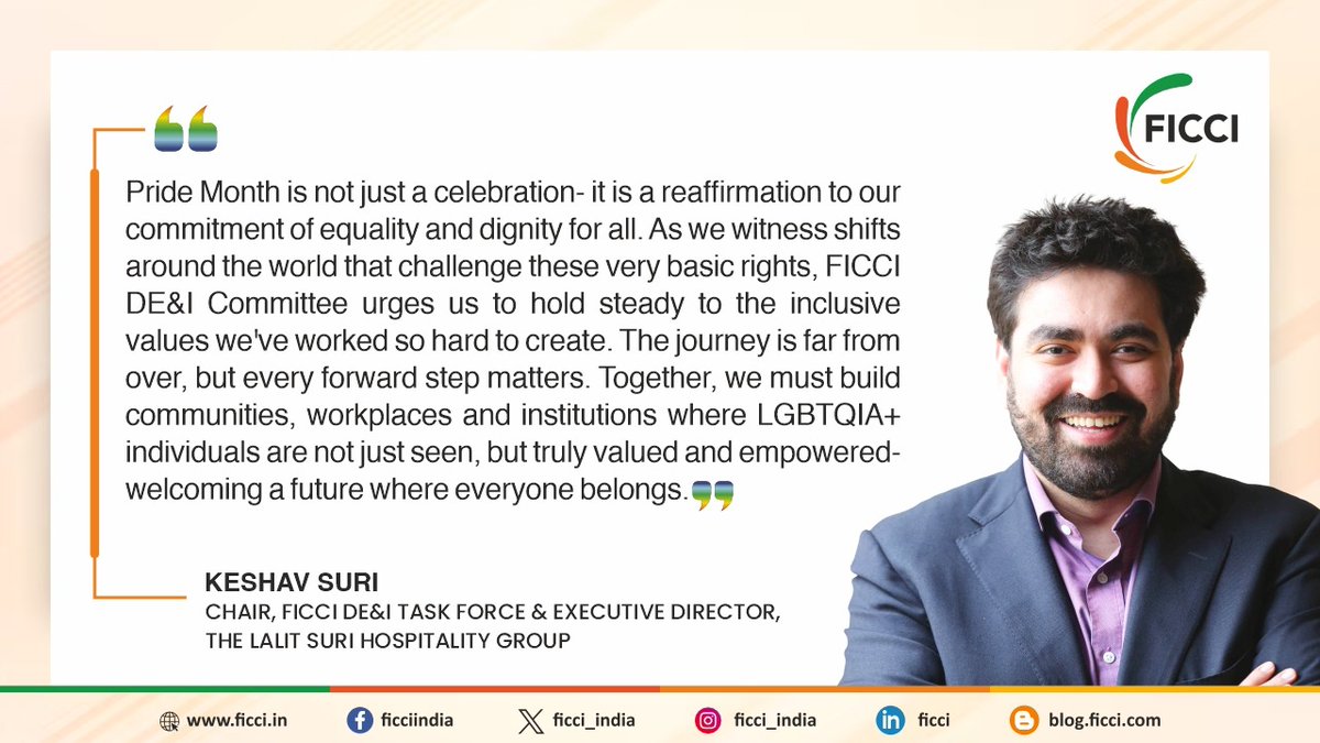#PrideMonth is not just a celebration- it is a reaffirmation to our commitment of equality and dignity for all. As we witness shifts around the world that challenge these very basic rights, FICCI DE&amp;I Committee urges us to hold steady to the inclusive values we’ve worked so hard