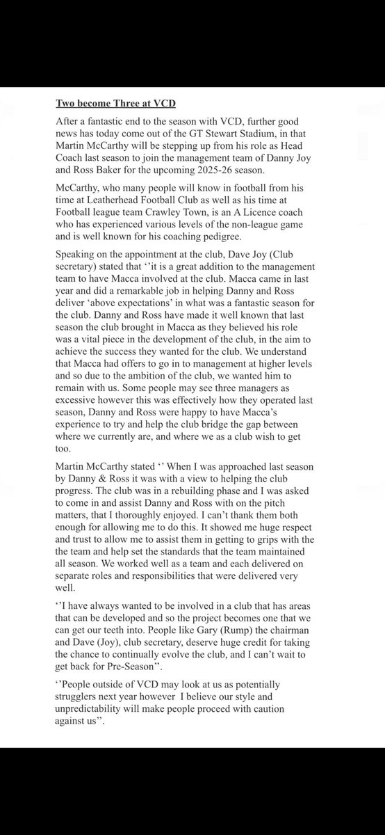 Club Update: Please see statement below regarding a change to the roles within the management team. 💚