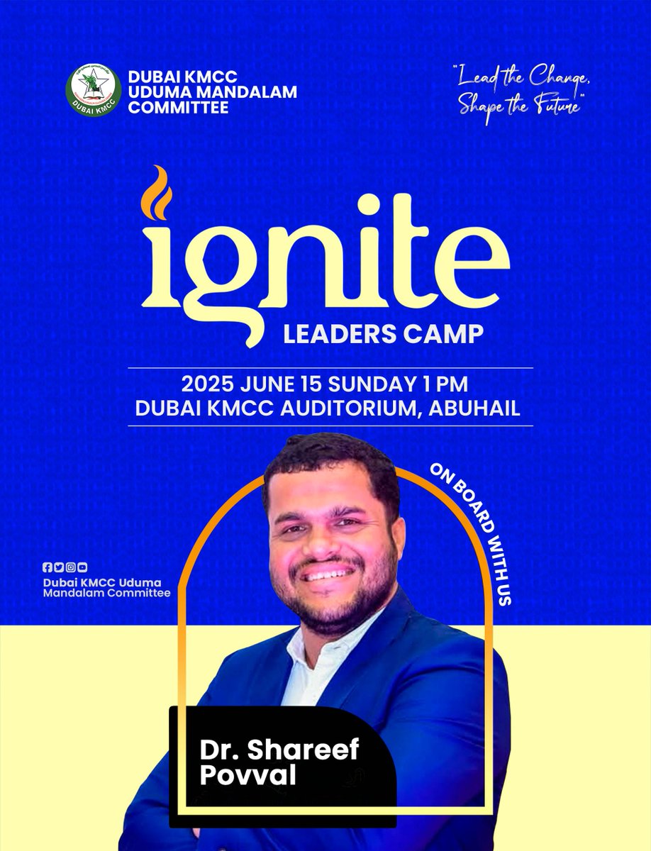 drshareefpovval's tweet image. Ready to #Ignite the future! 🔥 Thrilled to be conducting workshops at the 'Ignite Leaders Camp' on June 15, 2025, in Dubai. Joining me are Shafi Chaliyam &amp;amp; Abdul Kadher Aripambra.
📍 #Dubai #KMCC Auditorium, Abu Hail ⏰ Sunday, 1 PM
 #LeadTheChange! #Leadership #Leadersship