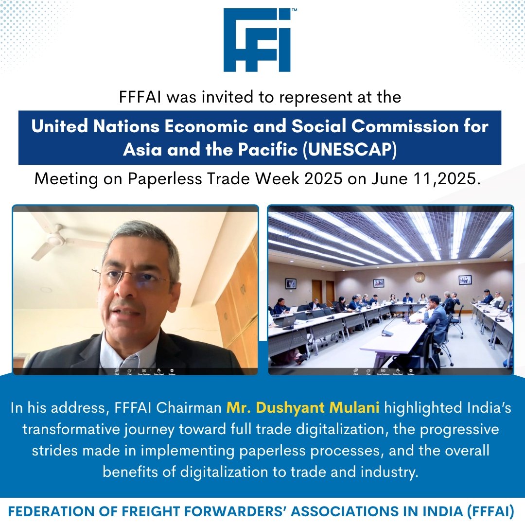 FFFAI represented India at UNESCAP Paperless Trade Week 2025. Chairman Mr. Dushyant Mulani highlighted India’s digital trade, Customs Integrated System (CIS), and the boost digitalization brings to MSMEs &amp; logistics performance. #DigitalTrade <a href="/UN/">United Nations</a> <a href="/cbic_india/">CBIC</a>  <a href="/FinMinIndia/">Ministry of Finance</a> <a href="/CimGOI/">Minister of Commerce and Industry</a>