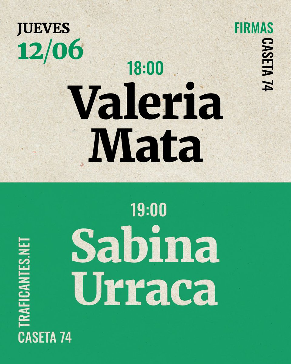 Traficantes de Sueños (@traficantes2010) on Twitter photo #FirmasFeria
<a href="/FLMadrid/">Feria del Libro de Madrid</a>
En la #Caseta74 de nuestra librería hoy tendremos estas dos formidables autoras. ¡Pásate!
📣 Jueves 12 de junio
✍️ 18hs Valeria Mata <a href="/Comisura_ed/">Ediciones Comisura</a>
✍️ 19hs Sabina Urraca <a href="/AlfaguaraES/">Alfaguara</a> #FirmasFeria
<a href="/FLMadrid/">Feria del Libro de Madrid</a>
En la #Caseta74 de nuestra librería hoy tendremos estas dos formidables autoras. ¡Pásate!
📣 Jueves 12 de junio
✍️ 18hs Valeria Mata <a href="/Comisura_ed/">Ediciones Comisura</a>
✍️ 19hs Sabina Urraca <a href="/AlfaguaraES/">Alfaguara</a>