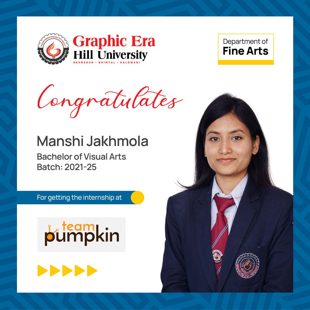 gehudehradun's tweet image. Congratulations to 𝐌𝐚𝐧𝐬𝐡𝐢 𝐉𝐚𝐤𝐡𝐦𝐨𝐥𝐚, Department of Fine Arts, Batch 2025,  for getting internship with 𝐓𝐞𝐚𝐦 𝐏𝐮𝐦𝐩𝐤𝐢𝐧.
We can&apos;t wait to see your art make an impact in the real world. 💫

#InternshipAlert #TeamPumpkin #GraphicEraHillUniversity