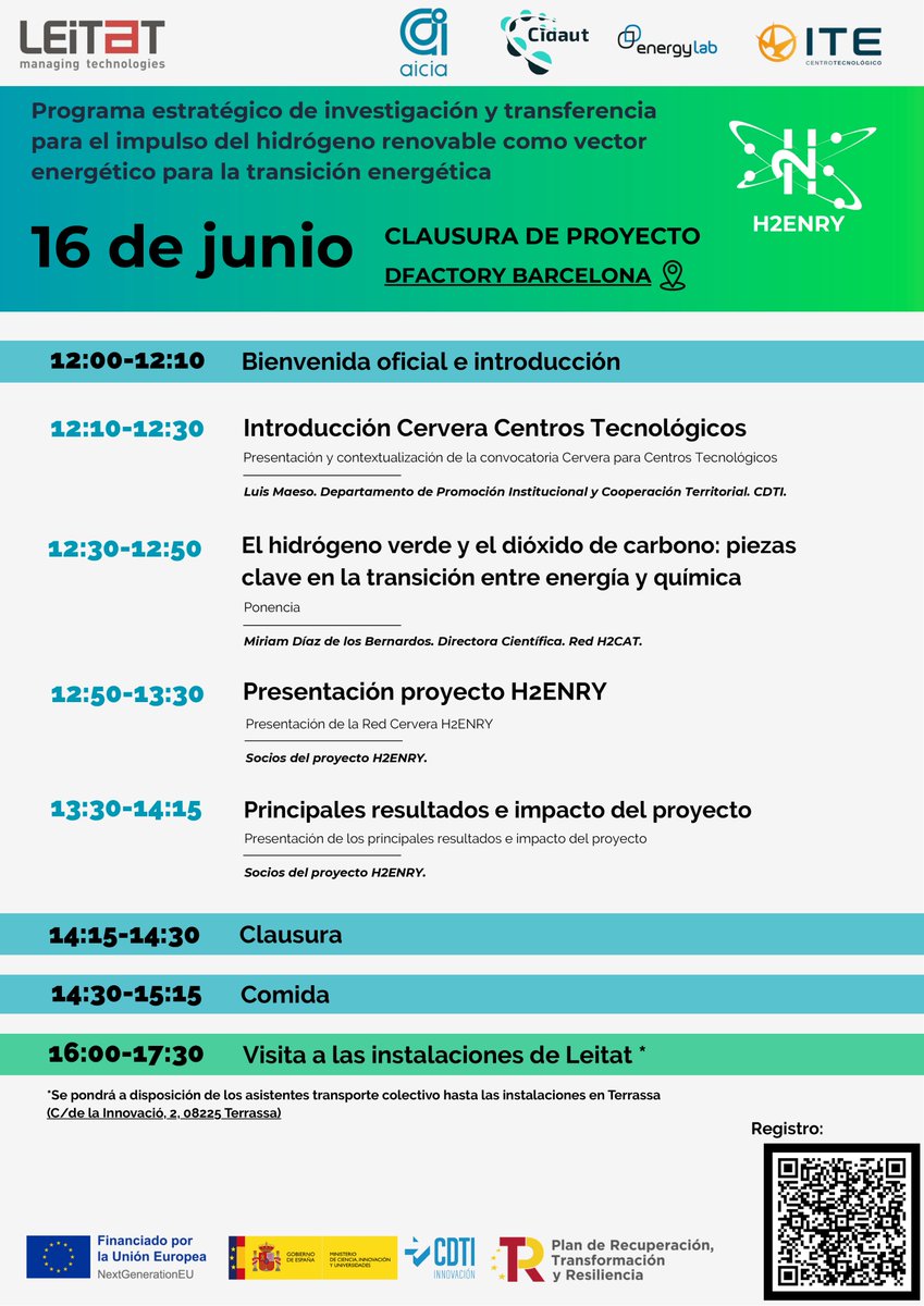 #16JUNIO. Evento de cierre <a href="/ProyectoH2ENRY/">H2ENRY</a> en sede de <a href="/Leitat/">Leitat</a>  en el #DFactory en #Barcelona. #hidrógenoverde

🔗Inscripciones gratuitas y con #AFOROLIMITADO 👉 
docs.google.com/forms/d/e/1FAI…

<a href="/CDTI_innovacion/">@CDTI_innovacion</a> <a href="/Cidaut/">Cidaut</a> <a href="/Aicia_/">AICIA</a> <a href="/itenergia/">ITE</a> #RedCervera #RedH2ENRY