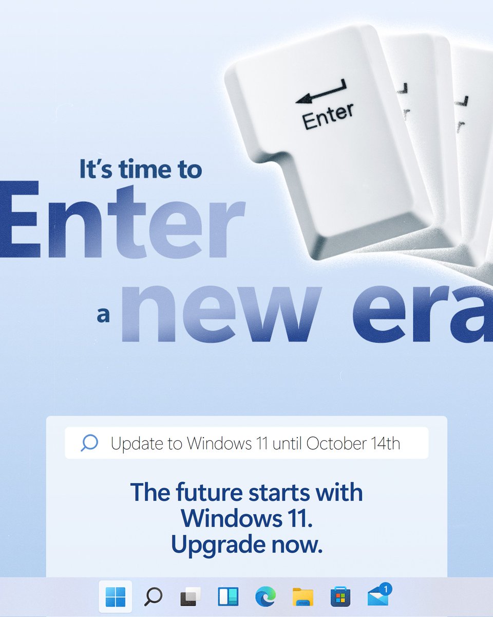 Outdated doesn't rhyme with the future for your business. 👀 

Upgrade to #Windows11 before October 14 arrives and Enter a new era of security and pro-level performance. 

Take the next step: msft.it/6019SSErl
