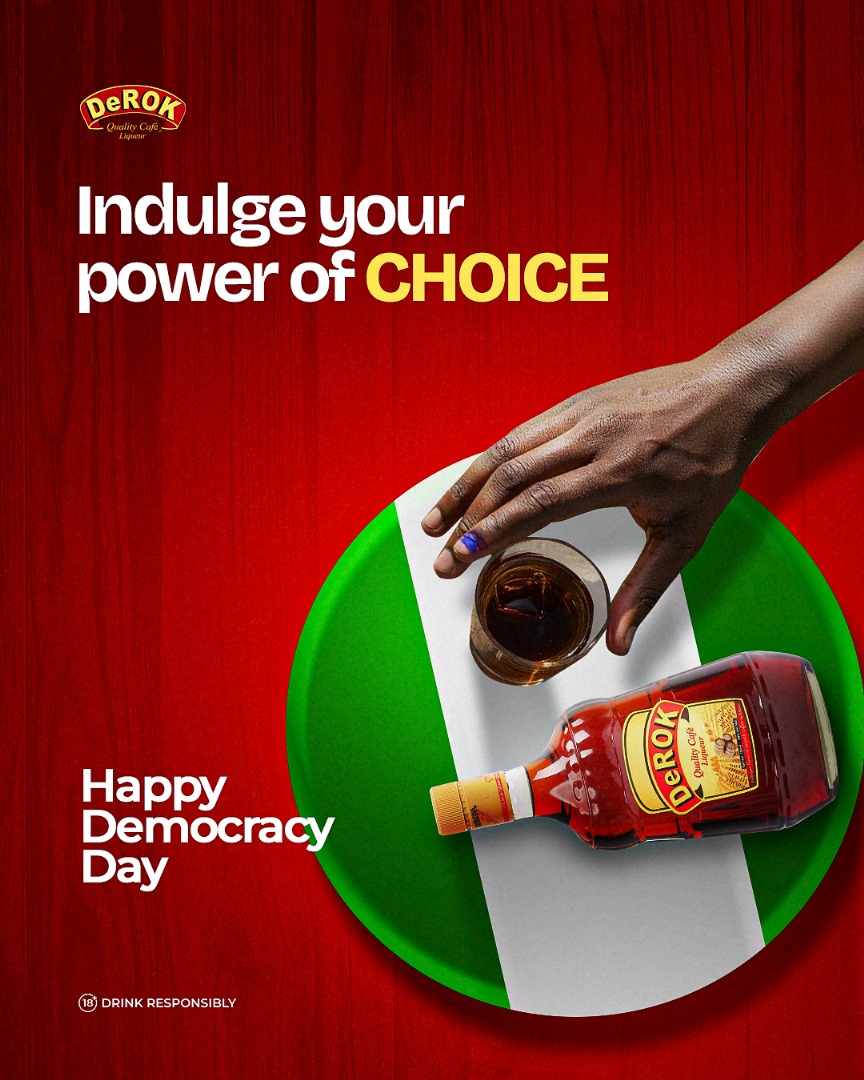 Celebrating 26 years of democratic rule in Nigeria. Happy Democracy Day.
Comment  DEMOCRACY letter after letter without interruptions and stand a chance to win free airtime from us!

#DeROK #DeROKCafeLiqueur #DerokOnTheGo #Lifestyle #DemocracyDay2025