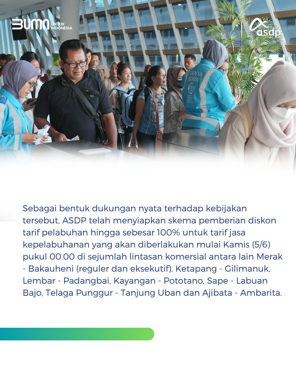 Bulog_Sarko's tweet image. Mulai Kamis, 5 Juni 2025, ASDP memberikan diskon 100% tarif jasa pelabuhan (pas masuk dan dermaga). Kebijakan ini merupakan bentuk dukungan riil ASDP terhadap program stimulus pemerintah 

#LiburanHematASDP 
#ASDPIndonesiaFerry 
#ASDP #LongWeekend