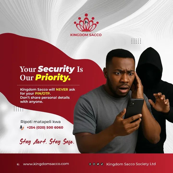 Hata bestie haambiwi PIN!

Your Security is our Priority...
Kingdom Sacco will Never ask for your PIN/OTP.
Don't share personal details with anyone.

Call: 020 500 6060

#Ksacco #KsaccoApp #Security #EmpoweringPeopleTransformingLives