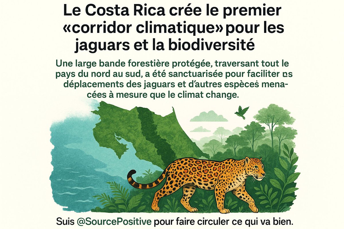 SourcePositive's tweet image. 🌿  ÉCOLOGIE | Le Costa Rica crée le premier “corridor climatique” pour les jaguars et la biodiversité.
#Écologie #Biodiversité #Climat #FauneSauvage #SourcePositive