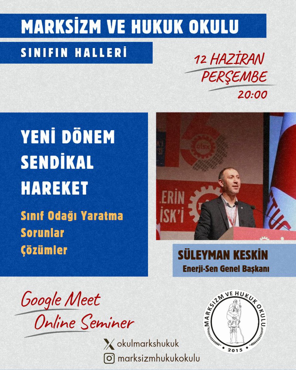 Marksizm ve Hukuk Okulu (@okulmarkshukuk) on Twitter photo Bugün akşam saat 20.00'da Enerjisen(<a href="/enerjisen/">DİSK/Enerji-Sen</a>)genel başkanı Süleyman Keskin'i konuk edeceğimiz Yeni Dönem Sendikal Hareket konulu Sınıfın Halleri seminerimize katılmak için aşağıda yer alan linke tıklayabilirsiniz
meet.google.com/ufn-eisg-kdw Bugün akşam saat 20.00'da Enerjisen(<a href="/enerjisen/">DİSK/Enerji-Sen</a>)genel başkanı Süleyman Keskin'i konuk edeceğimiz Yeni Dönem Sendikal Hareket konulu Sınıfın Halleri seminerimize katılmak için aşağıda yer alan linke tıklayabilirsiniz
meet.google.com/ufn-eisg-kdw