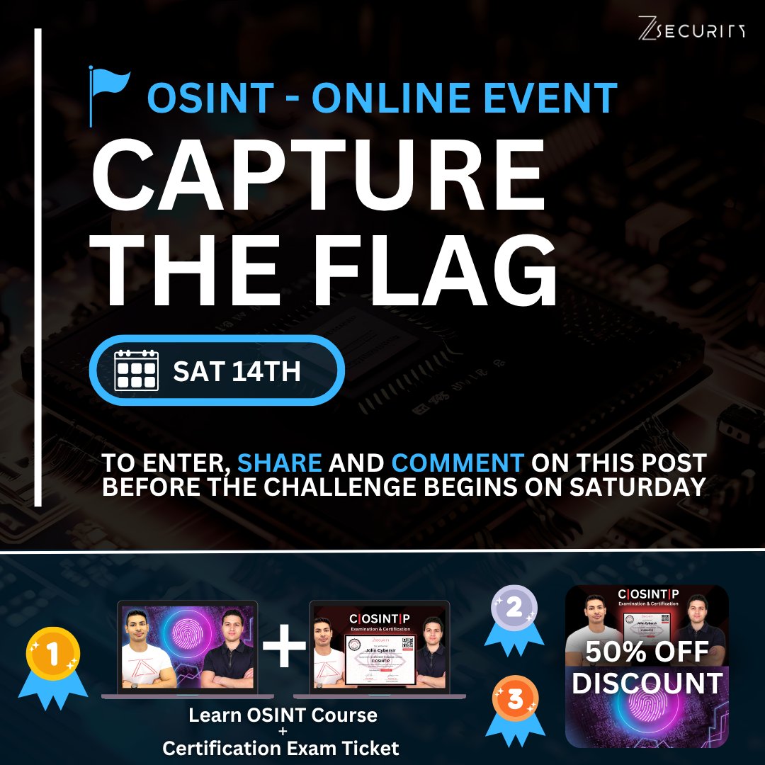 🔍 OSINT Capture the Flag – zSecurity Community Challenge! 🔍

Think you’ve got what it takes to be an OSINT master? 🎯

Grab your digital magnifying glass and gear up for our OSINT CTF – a fun, challenging event to test your open-source intelligence skills!

Prizes:
🥇 1st