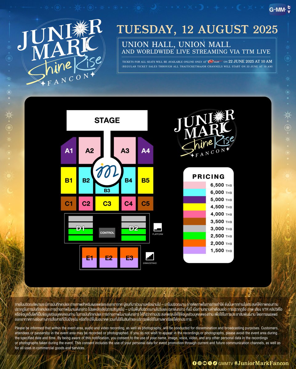 GMMTV's tweet image. "จับมือกันไว้" แล้วเดินทางไปช่วงเวลาที่แสนพิเศษด้วยกัน!
JUNIOR MARK ShineRise FANCON 🌞🌛 #JuniorMarkFancon

🗓️ TUESDAY, 12 AUGUST 2025
📍 Union Hall, Union Mall
And worldwide live streaming via TTM LIVE

📌 TICKETS FOR ALL SEATS WILL BE AVAILABLE ONLINE ONLY AT ThaiTicketMajor…
