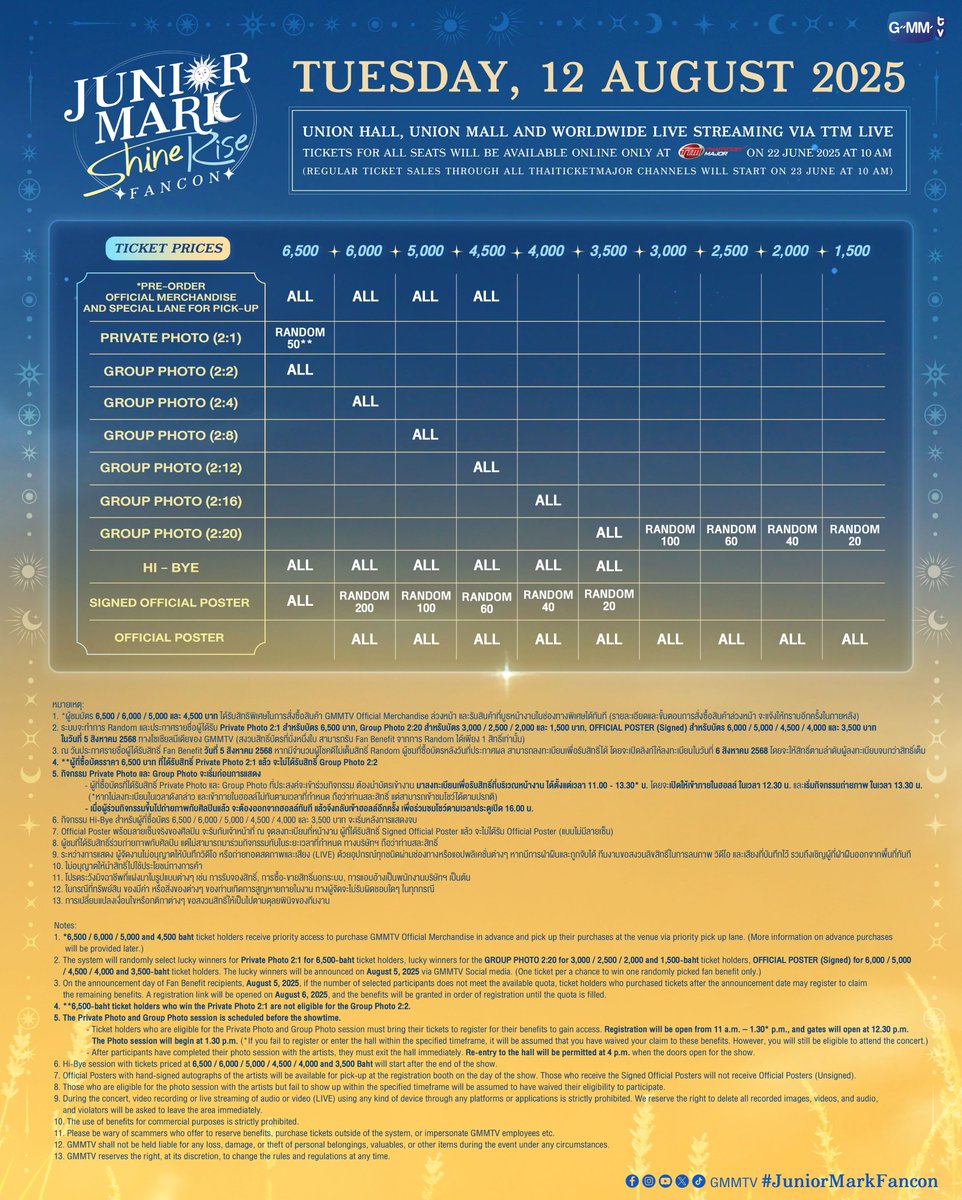 GMMTV's tweet image. "จับมือกันไว้" แล้วเดินทางไปช่วงเวลาที่แสนพิเศษด้วยกัน!
JUNIOR MARK ShineRise FANCON 🌞🌛 #JuniorMarkFancon

🗓️ TUESDAY, 12 AUGUST 2025
📍 Union Hall, Union Mall
And worldwide live streaming via TTM LIVE

📌 TICKETS FOR ALL SEATS WILL BE AVAILABLE ONLINE ONLY AT ThaiTicketMajor…
