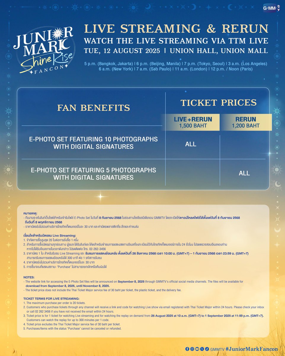 GMMTV's tweet image. "จับมือกันไว้" แล้วเดินทางไปช่วงเวลาที่แสนพิเศษด้วยกัน!
JUNIOR MARK ShineRise FANCON 🌞🌛 #JuniorMarkFancon

🗓️ TUESDAY, 12 AUGUST 2025
📍 Union Hall, Union Mall
And worldwide live streaming via TTM LIVE

📌 TICKETS FOR ALL SEATS WILL BE AVAILABLE ONLINE ONLY AT ThaiTicketMajor…