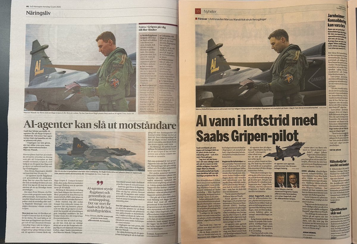 mattiasr70's tweet image. Fin uppmärksamhet i media för den brief Saab höll om hur vi tar hjälp av AI för att göra Gripen ännu bättre.
@SvD @TomasAugustsson @dagensindustri @JohanWendel @Saab #Säkpol