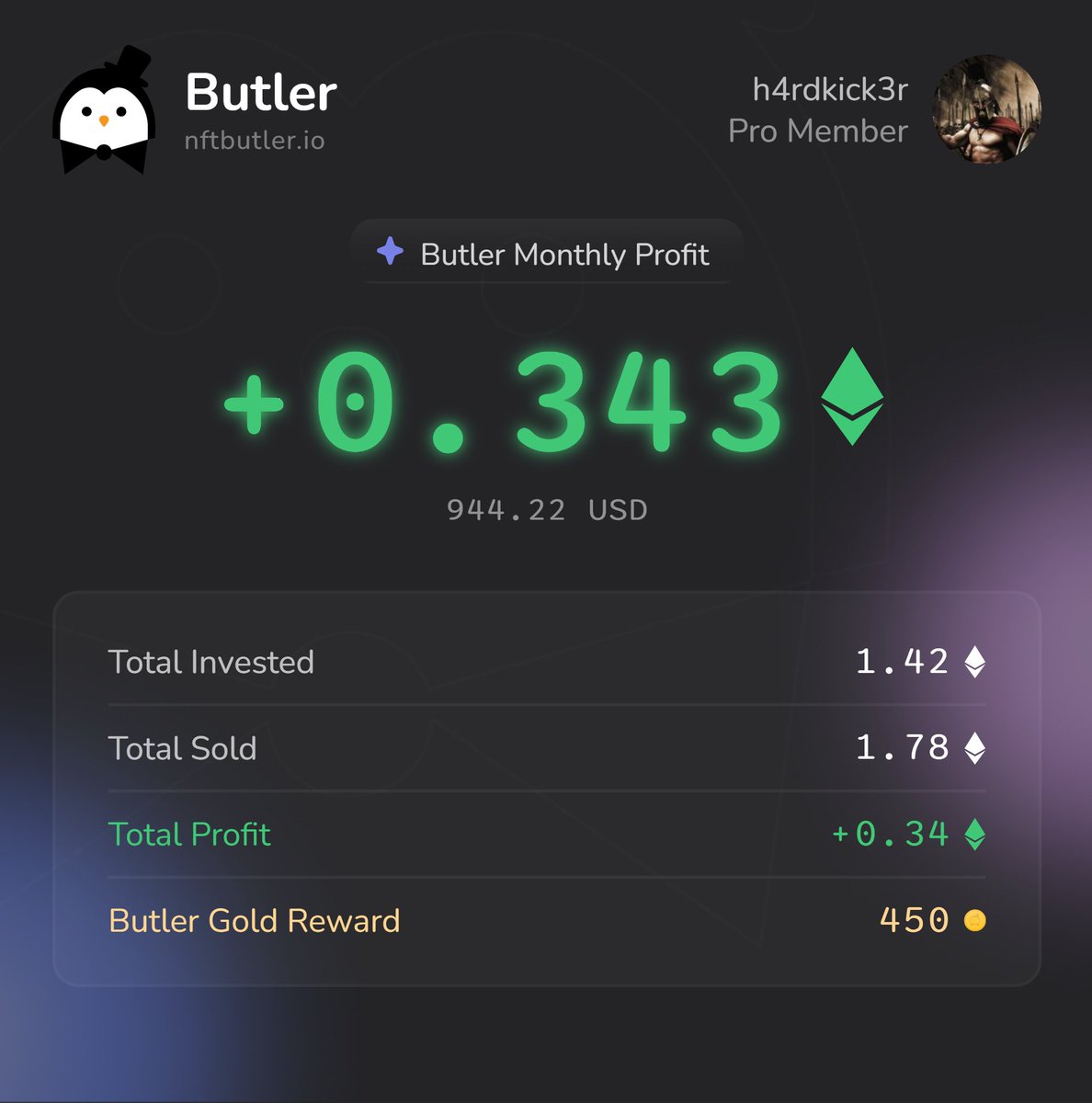 H4rdKick3R (@bl0odmoney) on Twitter photo 0.343 Ξ in profit made in the last 12 days using <a href="/nftbutler/">NFT Butler</a> 💰📈
Sharing on X to grab my extra 450 Butler Gold 🟠
Bidding’s a breeze with NFT Butler in my arsenal! 🐧
#NFT #NFTCommunity #NFTButler
nftbutler.io 0.343 Ξ in profit made in the last 12 days using <a href="/nftbutler/">NFT Butler</a> 💰📈
Sharing on X to grab my extra 450 Butler Gold 🟠
Bidding’s a breeze with NFT Butler in my arsenal! 🐧
#NFT #NFTCommunity #NFTButler
nftbutler.io