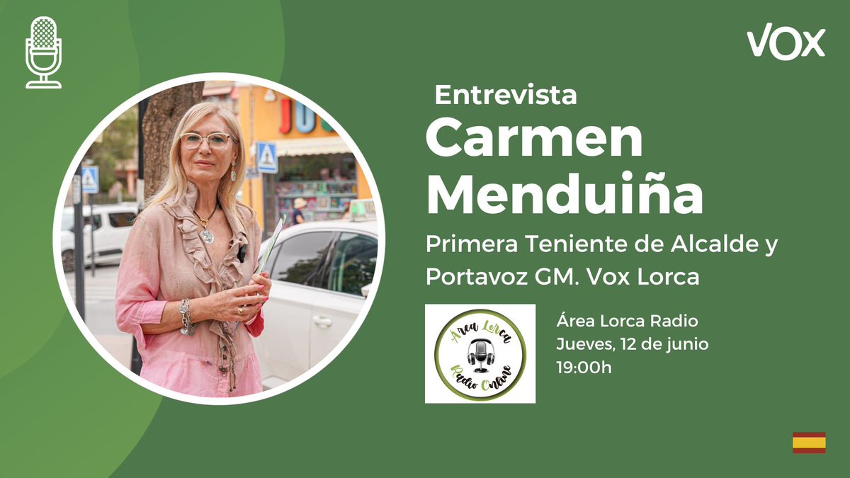 ‼️🎙️ Esta tarde, a partir de las 19:00 h, Carmen Menduiña —Primera Teniente de Alcalde y portavoz del grupo municipal de Vox— estará en Área Lorca Radio.

➡️ Síguelo en directo aquí:
arealorcaradio.es

¡No te lo pierdas!
