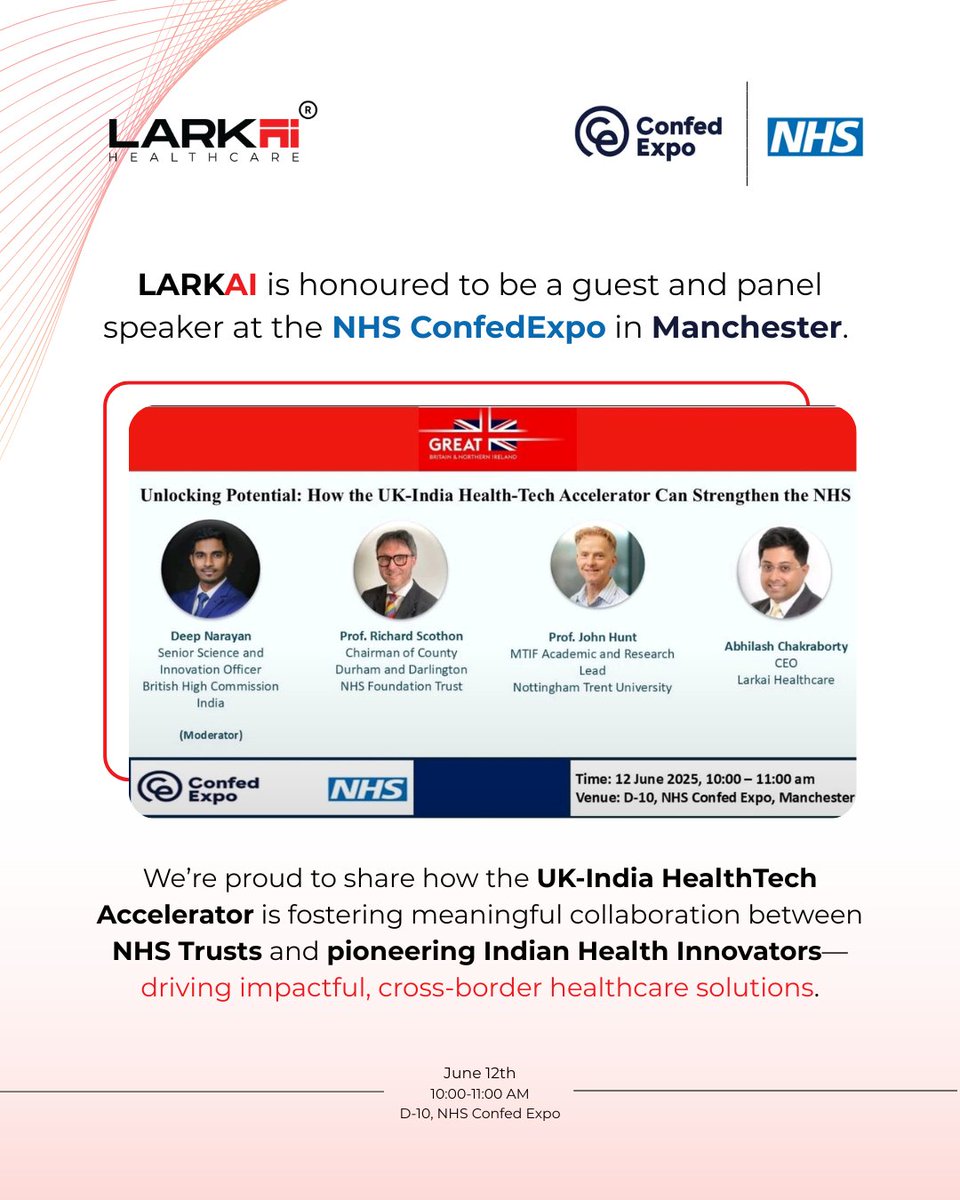 We are honoured to join the NHS ConfedExpo in Manchester as a guest and panel speaker.

📅 June 12
⏳ 10:00–11:00 AM
📍D-10, NHS ConfedExpo, Manchester

#NHSConfedExpo #UKIndiaPartnership #DigitalHealth #UKinIndia, #BritishHighCommission #UKIndiaHealthTechAccelerator