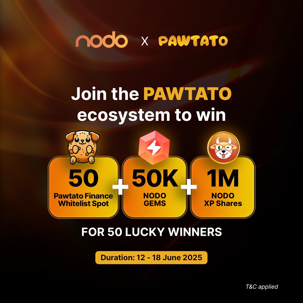 NODO (@official_nodo) on Twitter photo Join the <a href="/PawtatoFinance/">Pawtato Finance | Sui</a> ecosystem and stand a chance to win:
- 50 Pawtato Finance Whitelist Spots
- 50,000 NODO GEMS
- 1,000,000 NODO XP Share
π 50 lucky winners will walk away with this mega bundle!
π: June 12 - 18, 2025
Get started on Zealy: zealy.io/cw/nodohub/inv⦠Join the <a href="/PawtatoFinance/">Pawtato Finance | Sui</a> ecosystem and stand a chance to win:
- 50 Pawtato Finance Whitelist Spots
- 50,000 NODO GEMS
- 1,000,000 NODO XP Share
π 50 lucky winners will walk away with this mega bundle!
π: June 12 - 18, 2025
Get started on Zealy: zealy.io/cw/nodohub/invβ¦