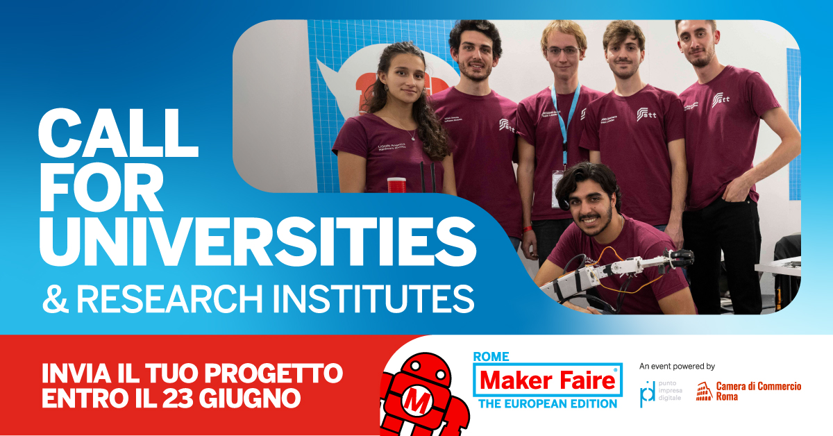 🎓Sei un docente universitario? Un ricercatore? Uno studente con un progetto brillante? Partecipa alla Call for Universities di #MFR2025!
Anche quest'anno #MakerFaireRome accende i riflettori sul lavoro degli Atenei e dei Centri di Ricerca pubblici: è la tua occasione per far