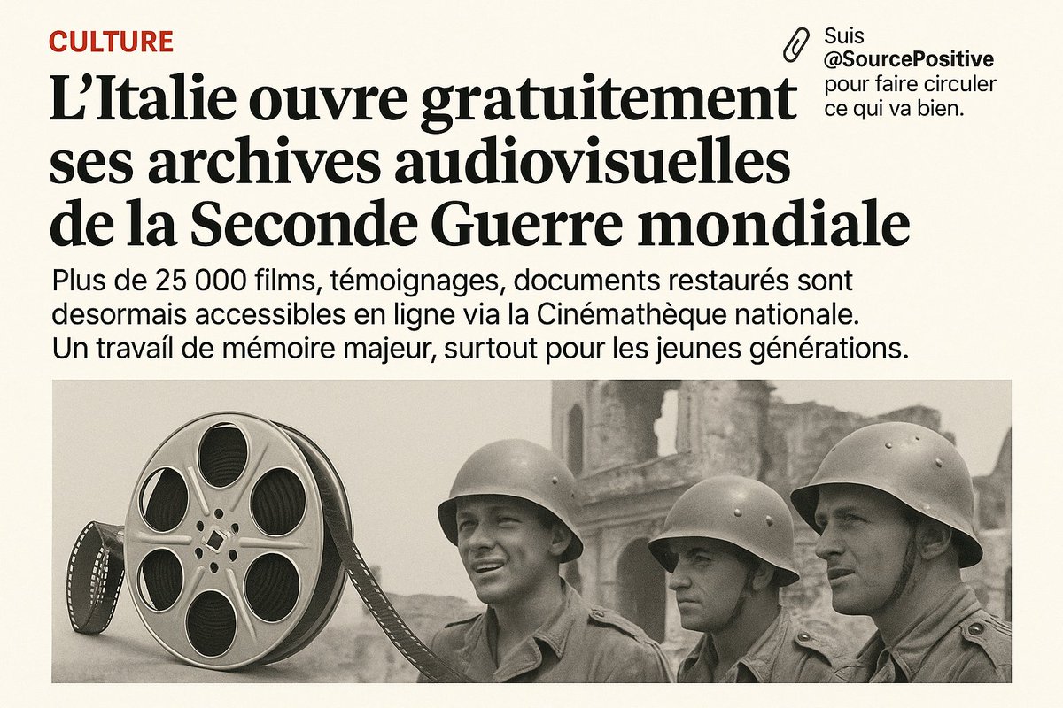 SourcePositive's tweet image. 🎭CULTURE | L’Italie ouvre gratuitement ses archives audiovisuelles de la Seconde Guerre mondiale.
#CulturePositive #MémoireCollective #AccèsÀLaCulture #Histoire