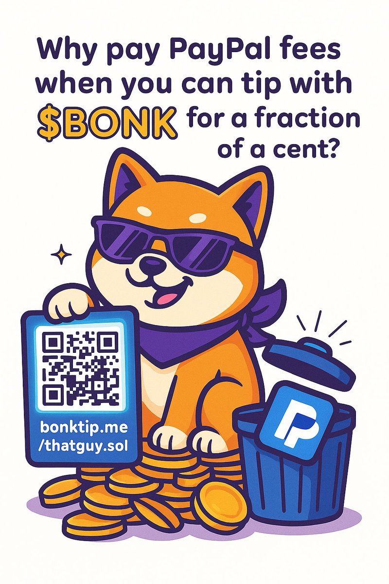 Why pay PayPal's fees? 

Get the tip with $BONK for less than a cent!

Just add your SOL wallet or SOL domain after bonktip.me &amp; drop it everywhere:

- bonktip.me/thatguy (.sol is optional)
- bonktip.me/your-full-wall…

No account. No borders. Just the tip 😏
