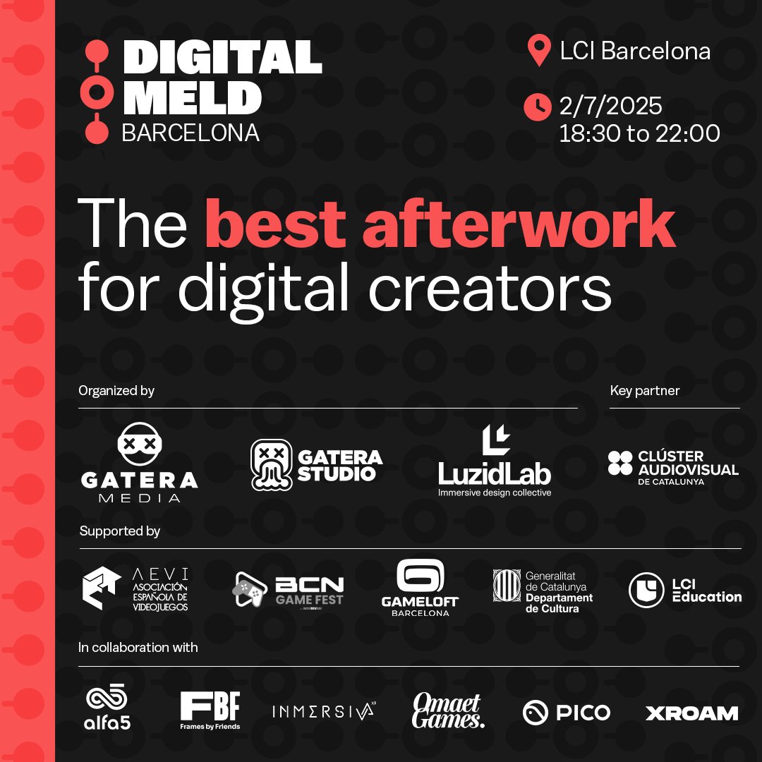 Digital Meld Barcelona returns as the go-to afterwork for digital creators: games, XR, content and more.

Save the date: July 2 at LCI’s new space, share ideas, no formalities or boring pitches.

No speeches here, just wild ideas, real pros, networking, drinks &amp; music.