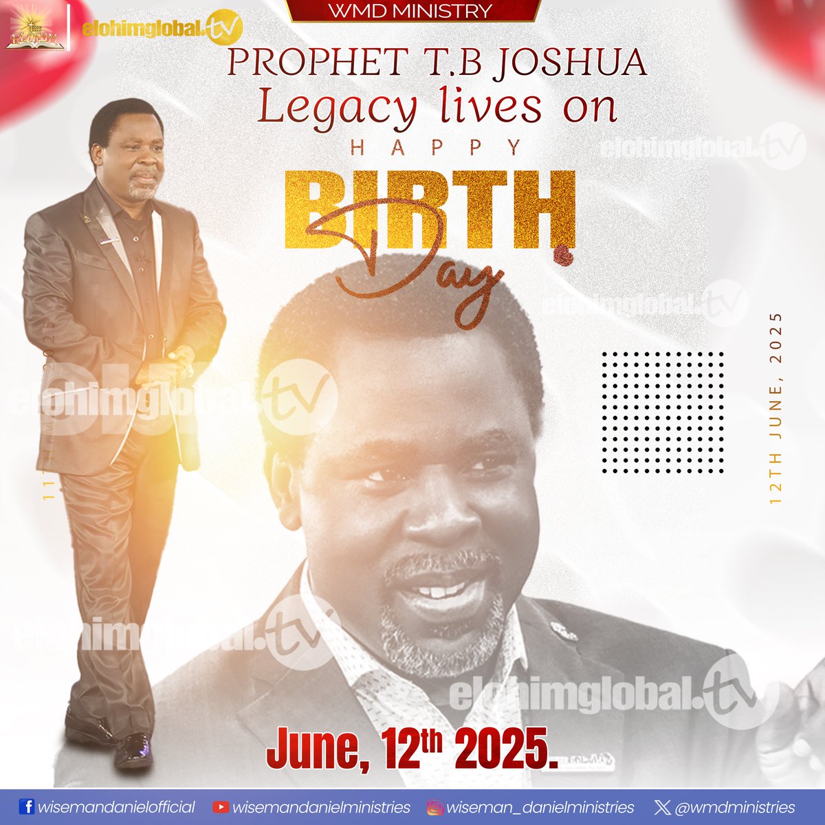 wmdministries's tweet photo. Elohim! Mighty God lives in us! As we join the hosts of Heaven to celebrate the posthumous birthday of an icon, a legend, a man of large heart, a great philanthropist, and God's general but now a saint, let us not forget to use this occasion of his birthday to extend hands of love, care, and generosity to the less privileged—I mean, the widows, orphans, and the physically challenged in the society, which you and I are part of. Remember, that was what our mentor and father in the Lord, Prophet T.B Joshua of blessed memory, was born for, lived for, and died for. He is now rejoicing with the saints of Heaven.
Now take time to consider and ponder over this bitter truth and food for thought:
If today were to be your last day on earth, what would children yet unborn live to remember you for? Remember, the life of investment Prophet T.B Joshua lived is far better than the life of expenditure many of us are living today.
My advice to everyone is: let us live each day as if it were our last day on earth. Because no one knows when the calling of the Lord shall sound.
My mentor, I (Wiseman Daniel), and my entire family shall continue to live and celebrate your legacy, which lives forever, in Jesus' name—Amen!
Elohim! Mighty God lives in us! (John 14:23).