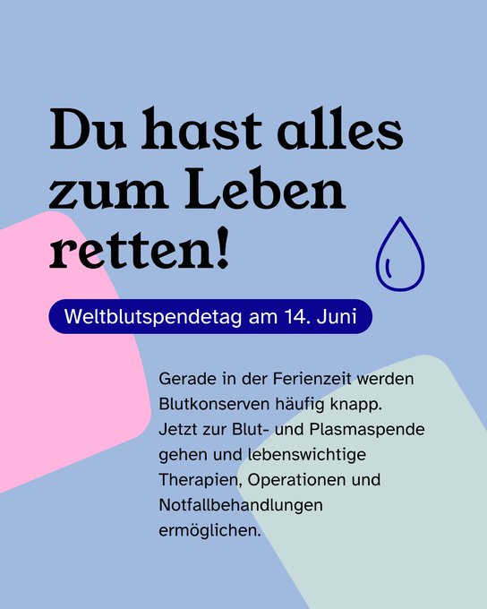 Heute ist #Weltblutspendetag unter dem Motto 
"Erst wenn´s fehlt, fällt´s auf!" 
Spende #Blut und helfe anderen🩸🆎🅰️🅱️🅾️
blutspende.de/startseite
#Blutspende #Plasmaspende #GiveBloodGiveHope