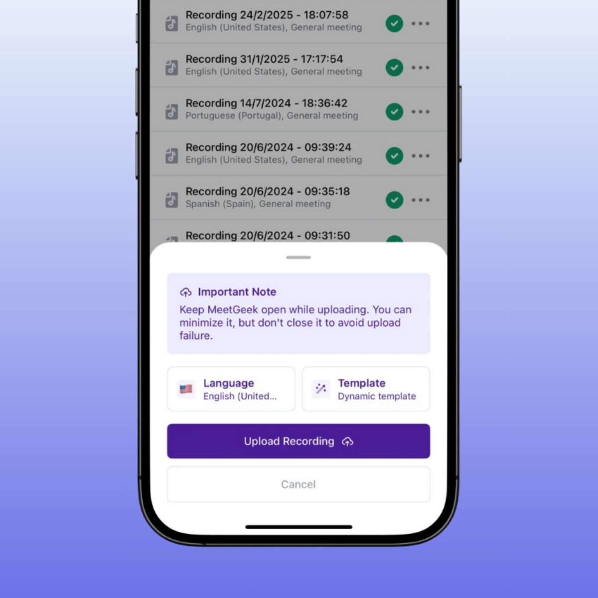 MeetgeekA's tweet image. 🎧 Got a recorded #call or voice memo? You can now upload audio/video files to MeetGeek right from your #phone and get instant #transcripts, summaries, and insights.

Available now on iOS and Android — update your app and try it out!