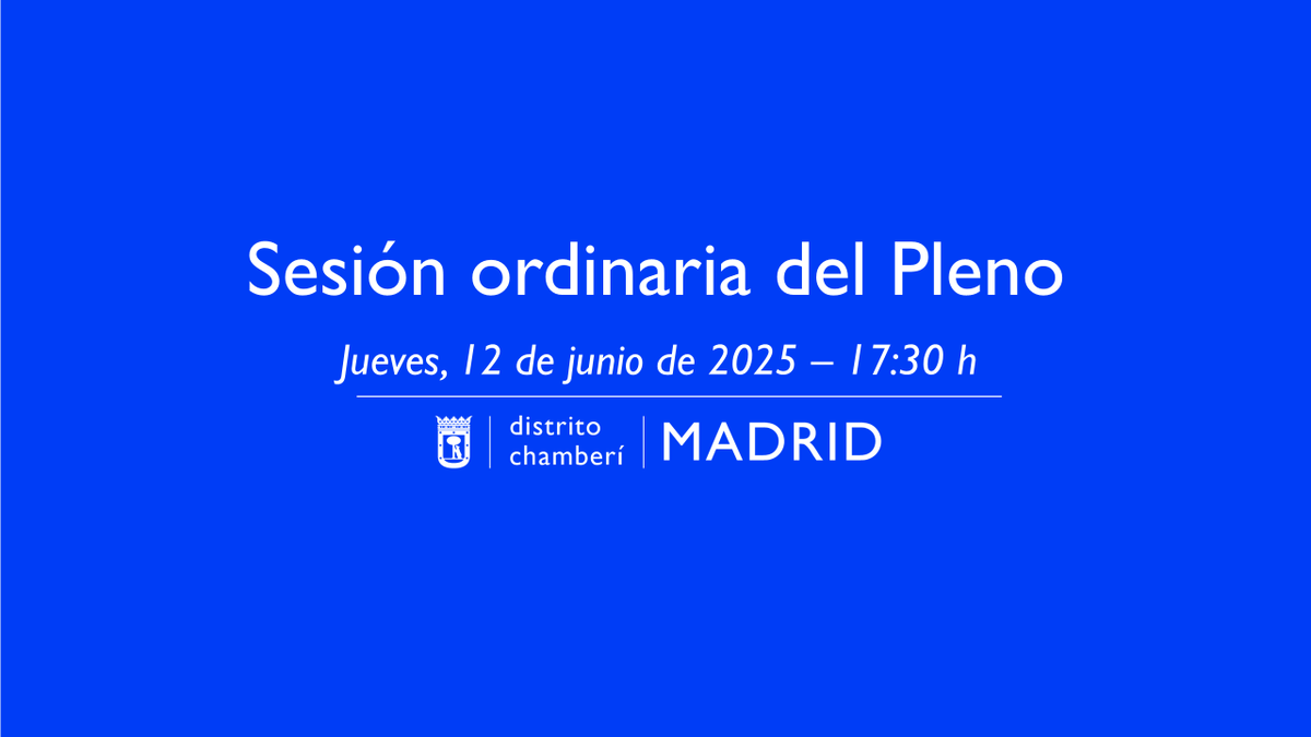 📢 #PlenoOrdinario de junio en #Chamberí

🗓️ Hoy, 12 de junio
⏰ 17:30 h
📌 Salón de Sesiones de la JMD de Chamberí
(Pza. Chamberí, 4)

✍🏼 Puedes ver el orden del día en el siguiente PDF:
informate.madrid.es/pdn1m
📺Puedes seguirlo por streaming en 👇🏼
informate.madrid.es/vheeg3