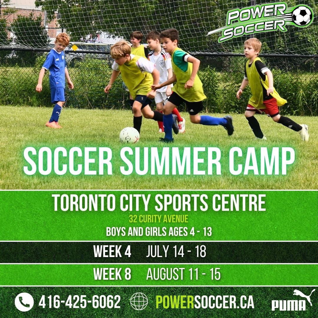 Soccer Summer Camp at Toronto City Sports Centre! ⚽️☀️

We have two weeks of our summer camp at Toronto City Sports Centre this year! 

Week 4 (July 14-18) and Week 8 (August 11-15).

Don’t miss out, players ages 4-13 can register at powersoccer.ca/search/camp/9

See you this summer!