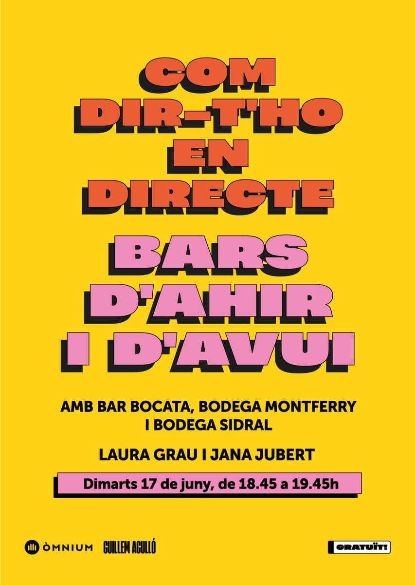 Escola de Formació Guillem Agulló (@efguillemagullo) on Twitter photo 📢 NOVA DATA!
🎙️ Bars d'ahir i d'avui: Està tornant la cuina de sempre? Què fa d’un bar un punt de trobada?
🗓 Dimarts 17 de juny
🕕 18.45 h
🍷 Amb els impulsors del Bar Bocata, la <a href="/BodegaMontferry/">Bodega Montferry</a> i el Bar Sidral.
🎟 Reserva plaça: escolaguillemagullo.cat/formacions/pod… 📢 NOVA DATA!
🎙️ Bars d'ahir i d'avui: Està tornant la cuina de sempre? Què fa d’un bar un punt de trobada?
🗓 Dimarts 17 de juny
🕕 18.45 h
🍷 Amb els impulsors del Bar Bocata, la <a href="/BodegaMontferry/">Bodega Montferry</a> i el Bar Sidral.
🎟 Reserva plaça: escolaguillemagullo.cat/formacions/pod…