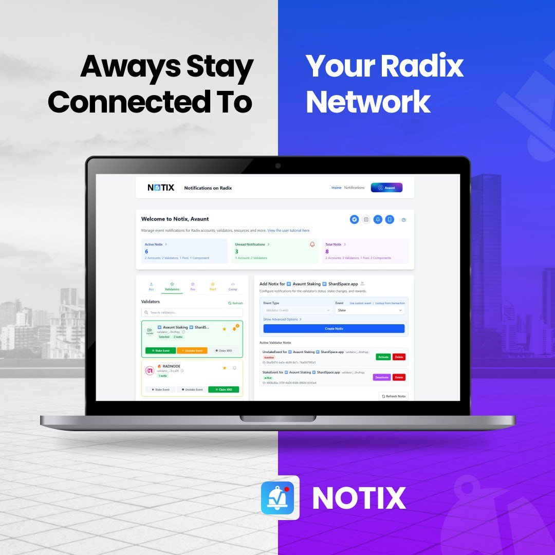 NotixOnRadix's tweet image. The only notification you’ll ever need on Radix is LIVE
Get real-time alerts for:
✅ Deposits / withdrawals
✅ Staking & validator activity
✅ Liquidity pool changes
✅ Custom triggers
Stay in control of your on-chain activity from any device, anytime.
notix.live