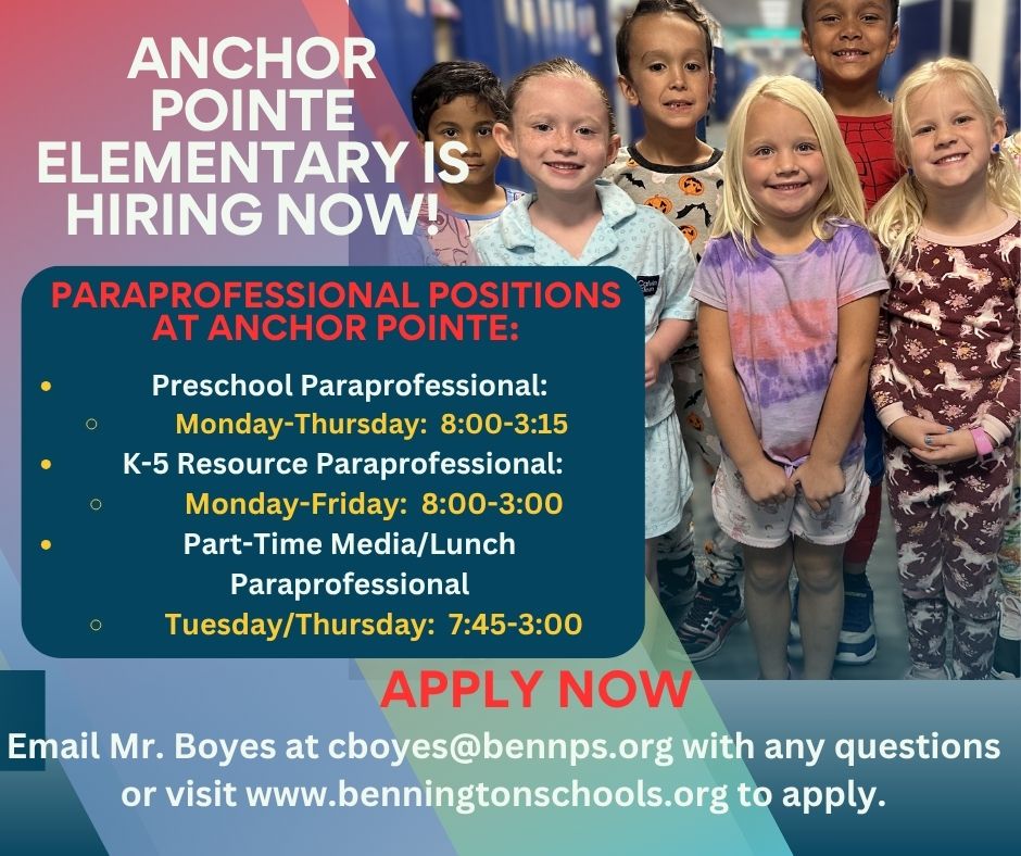 Anchor Pointe Elementary (@anchor_pointe) on Twitter photo Anchor Pointe Elementary is hiring NOW for the following positions for the 2025-2026 school year! Be part of an outstanding TEAM! Apply NOW at benningtonschools.org and email Mr. Boyes if interestested at cboyes@bennps.org. #anchoreducated #WeAreBPS Anchor Pointe Elementary is hiring NOW for the following positions for the 2025-2026 school year! Be part of an outstanding TEAM! Apply NOW at benningtonschools.org and email Mr. Boyes if interestested at cboyes@bennps.org. #anchoreducated #WeAreBPS