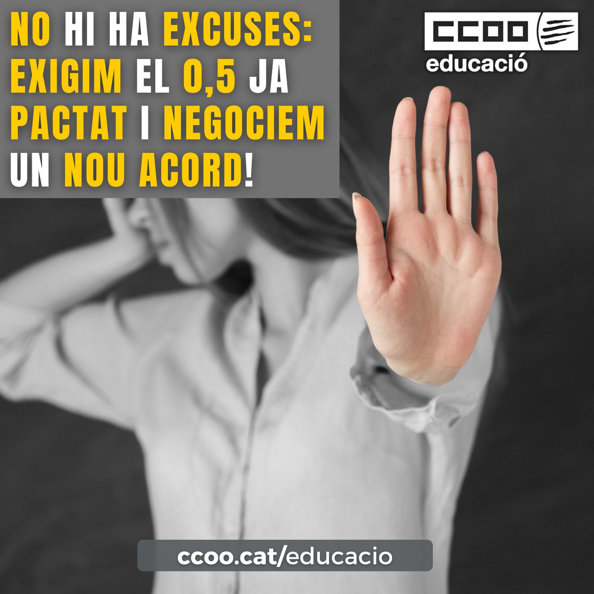 NO HI HA EXCUSES: EXIGIM EL 0,5 JA PACTAT I NEGOCIEM UN NOU ACORD

🗣 CCOO recrimina al Govern assumptes pendents com:

🫰 Cobrament del 0,5% amb caràcter retroactiu

❗La jubilació parcial

✊ I sol·licita obrir negociació d'un nou Acord marc

🔗 ccoo.cat/educacio/notic…
