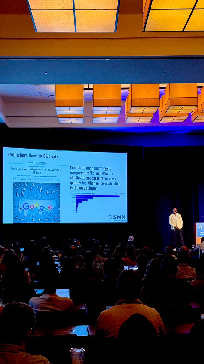 lilyraynyc's tweet photo. “If you’re a publisher, I don’t have any good news for you. Because Google is starting to show AI Overviews for news results too. You need to diversify your traffic.”

@iPullRank #SMXAdvanced https://t.co/9dFbtqaLae