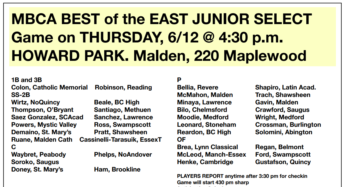 Congratulations and good luck to Shawsheen Baseball's Dyllon Pratt &amp; Will Trach who were selected to play in the prestigious MBCA: Best of the East Junior Select All-Star Game.