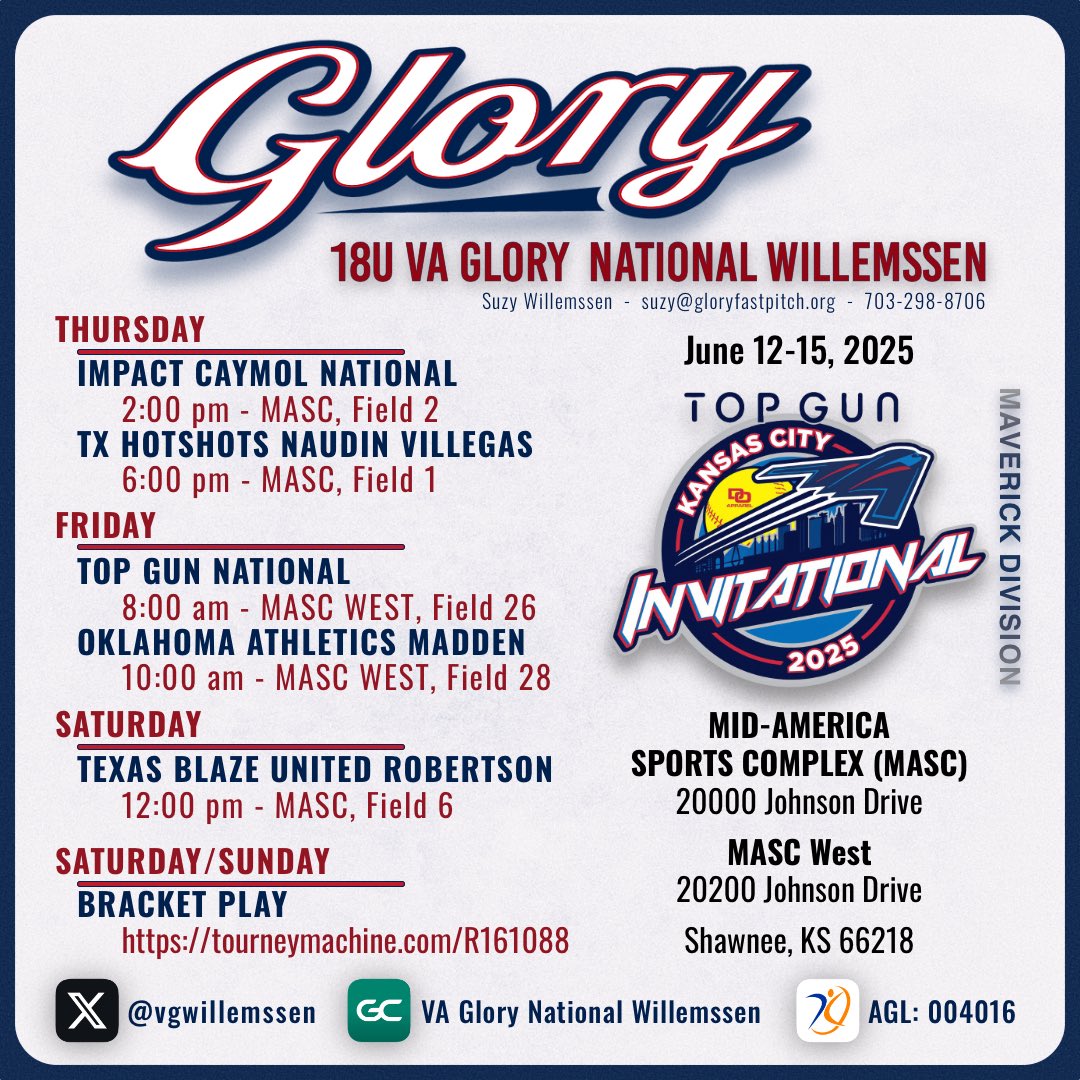 SuzyWillemssen's tweet photo. Now it’s @TopGunEvents time! Games today at 2pm MASC 2 and 6pm MASC 1.
Can’t wait to watch the @VGWillemssen pups get after it! Lets Go!! ❤️‍🔥💪❤️‍🔥
@kevinbednoski @VAGloryFP 
@ExtraInningSB @LineDsoftball 
#StriveTogether #RelentlessCompetitors https://t.co/Q0ibZliKIt