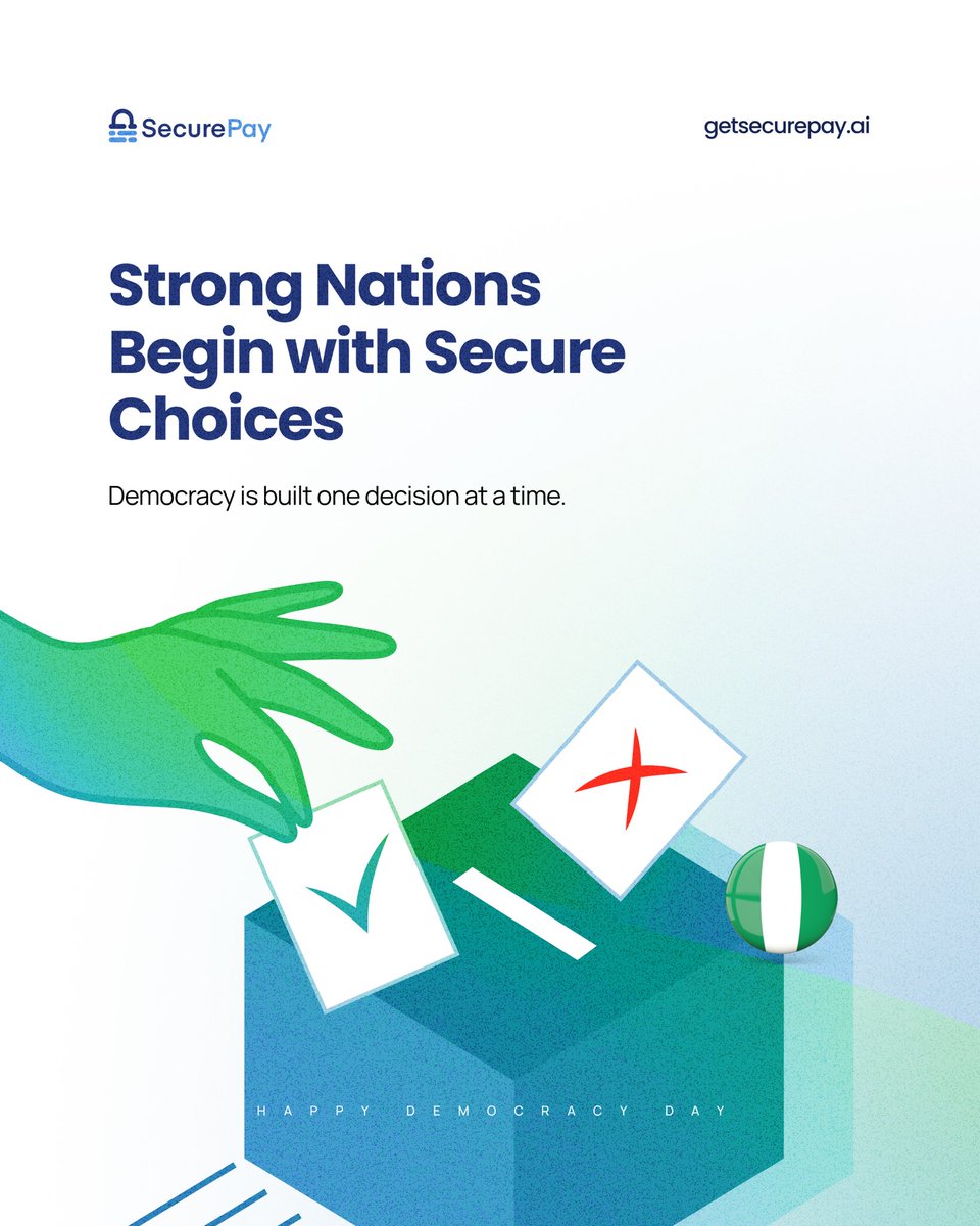 getsecurepayai's tweet photo. Great nations aren't built by accident.
They're built by its people and a secure system. Let's build a Nigeria that thrives on trust. Happy Democracy Day. 🇳🇬🇳🇬🇳🇬

#june12 #democracyday #happydemocracyday #explore #explorepage https://t.co/Gb7T0WMqnu