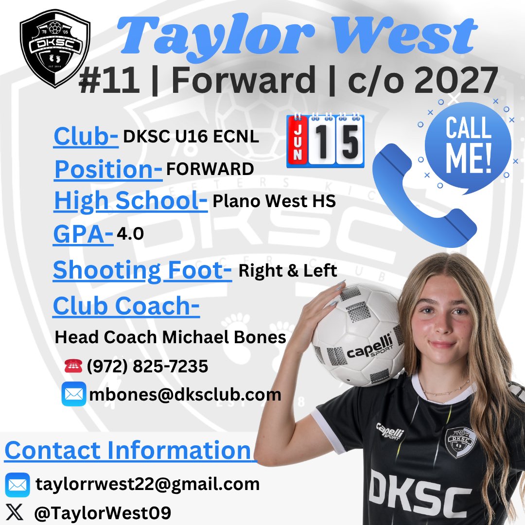 Taylor West 2027-Forward (@taylorwest09) on Twitter photo 3 DAYS until June 15th! 📲
I am excited and hopeful that all my hard work and dedication will payoff.
Coaches please call my coach for my phone number.
<a href="/ImYouthSoccer/">ECNL/GA/Recruiting/College Soccer</a> <a href="/ImCollegeSoccer/">College Soccer Truth ™</a> <a href="/DKSC09gECNL/">DKSC 09G ECNL</a> <a href="/DKSC_official/">D'Feeters Kicks Soccer Club</a> 3 DAYS until June 15th! 📲
I am excited and hopeful that all my hard work and dedication will payoff.
Coaches please call my coach for my phone number.
<a href="/ImYouthSoccer/">ECNL/GA/Recruiting/College Soccer</a> <a href="/ImCollegeSoccer/">College Soccer Truth ™</a> <a href="/DKSC09gECNL/">DKSC 09G ECNL</a> <a href="/DKSC_official/">D'Feeters Kicks Soccer Club</a>
