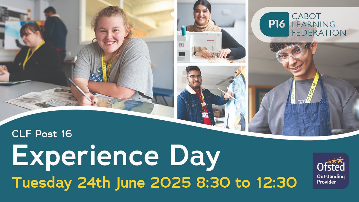 CLF Post 16 (@clfpost16) on Twitter photo 🎓 CLF Post16 Experience Day 🎓
Are you ready to take the next step? Come to a taster event - explore a range of subjects with expert teachers, learn about life at CLF Post16, ask questions, meet staff & get inspired!
Let us be your 1st choice!
#post16education <a href="/Cabotfederation/">Cabot Federation</a> 🎓 CLF Post16 Experience Day 🎓
Are you ready to take the next step? Come to a taster event - explore a range of subjects with expert teachers, learn about life at CLF Post16, ask questions, meet staff & get inspired!
Let us be your 1st choice!
#post16education <a href="/Cabotfederation/">Cabot Federation</a>