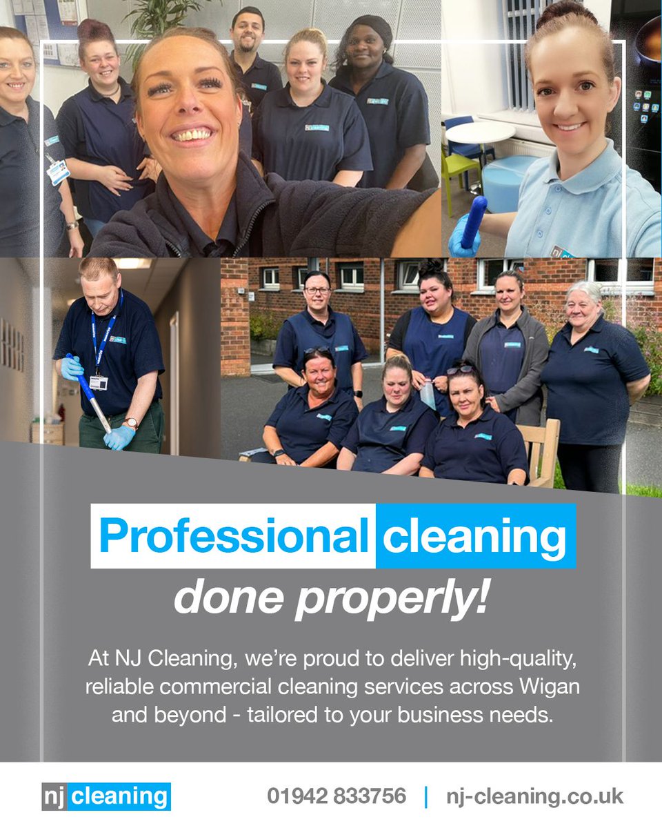 ✨ At NJ Cleaning, we’re proud to deliver high-quality, reliable commercial cleaning services across Wigan and beyond — tailored to your business needs.

From routine contracts to specialist jobs, we’re here to make your workplace shine.

📞 Find out more: nj-cleaning.co.uk