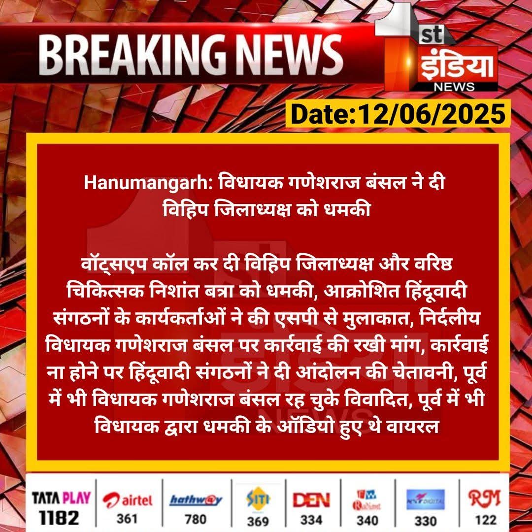SubhashKhi71638's tweet image. निर्दलीय विधायक हनुमानगढ़ गणेशराज बंसल द्वारा हमारे  विश्व हिंदू परिषद जिला अध्यक्ष  डॉक्टर निशांत जी बत्रा को व्हाट्स एप कॉल कर धमकी देना अक्षम्य अपराध है! मेरा सरकार और प्रशासन से  आग्रह है कि इस पर तुरंत संज्ञान ले! @CMOfficeUP  @BhajanlalBjp @PoliceRajasthan